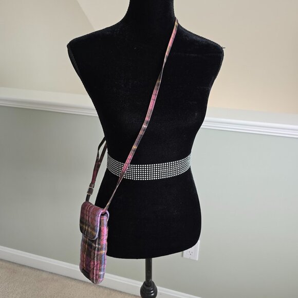 Vera Bradley Carson Cell Phone Crossbody Cozy Plaid Multi & Brown Floral Quilted - Picture 2 of 8